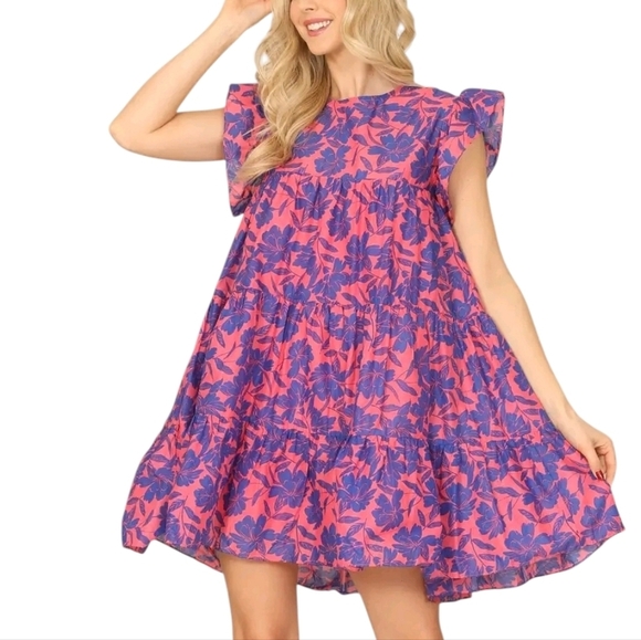 Flutter Sleeve Tiered Cotton Mini Dress Floral Print - Picture 3 of 13